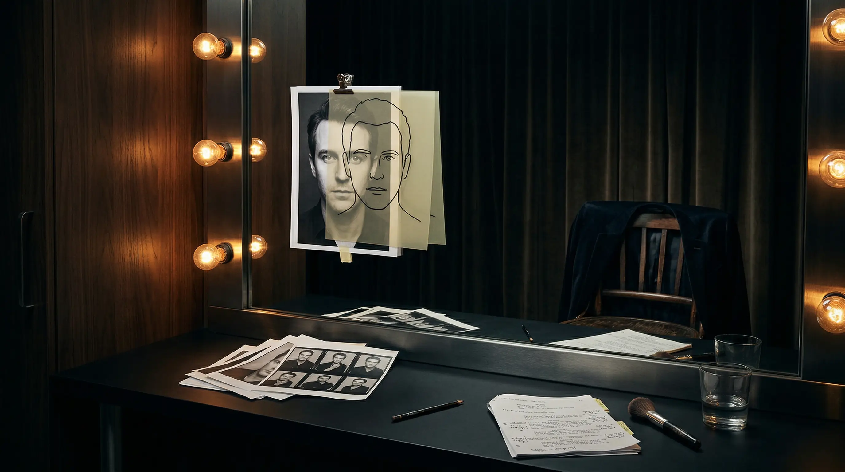 A dark backstage vanity lit by warm bulbs, where a taped actor headshot, translucent face overlay, marked-up script, and hanging stage jacket capture the tension between performable range and truthful likeness.