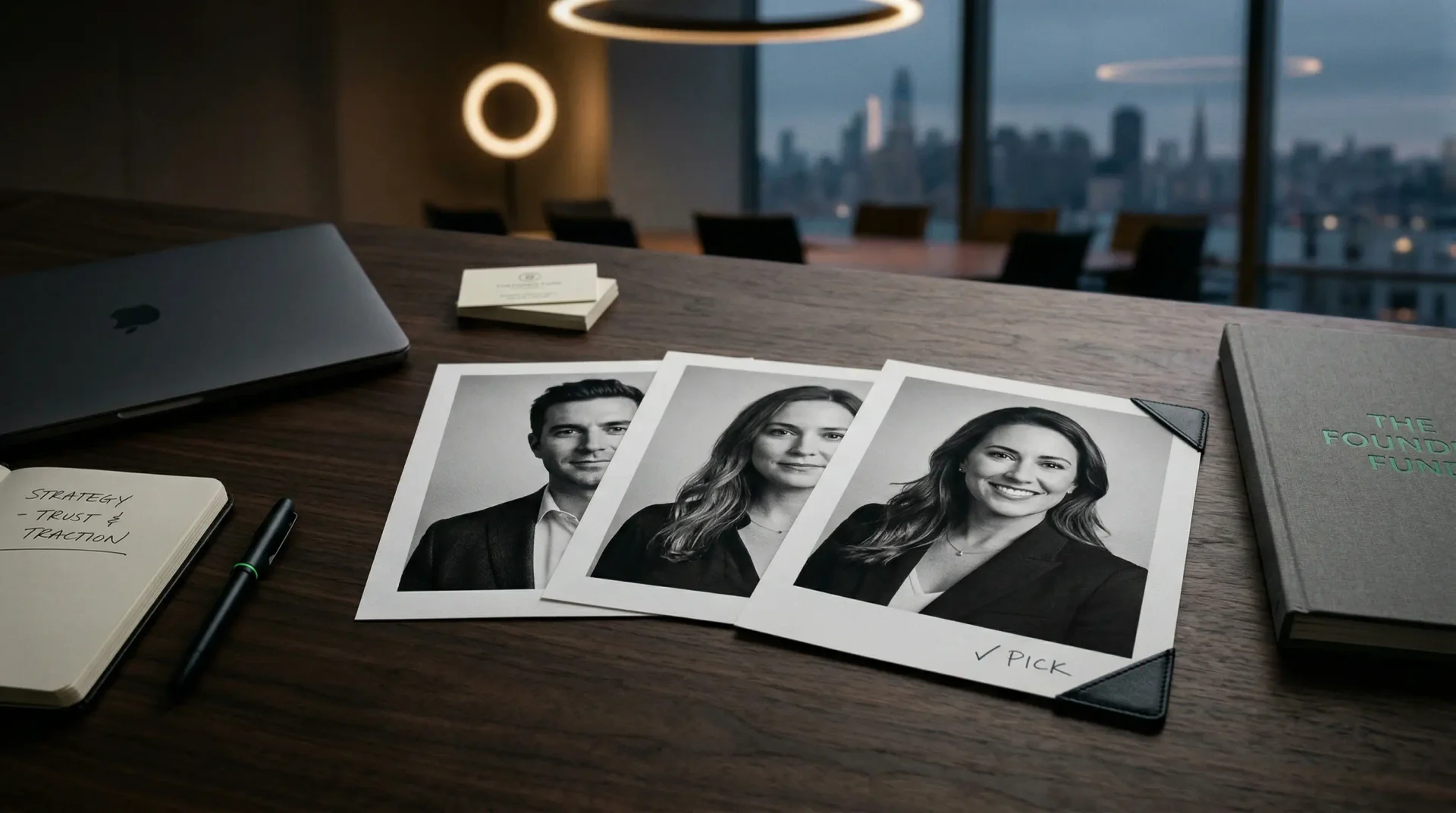 A premium still life showing how founders choose the image investors will remember