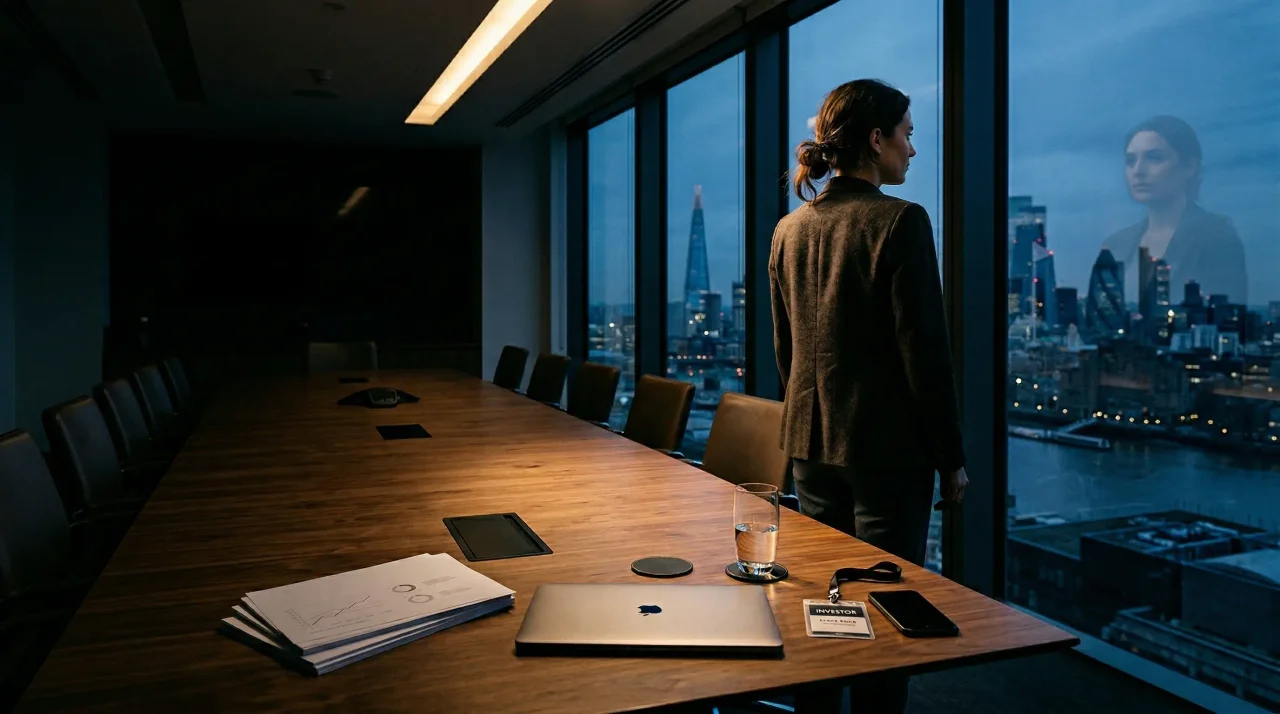 Startup founder alone in a glass-walled conference room before sunrise, preparing investor materials