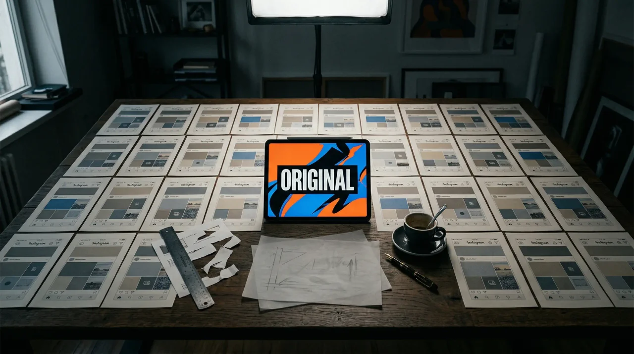 A bright original social graphic breaking the grid of interchangeable templates on a dark studio table