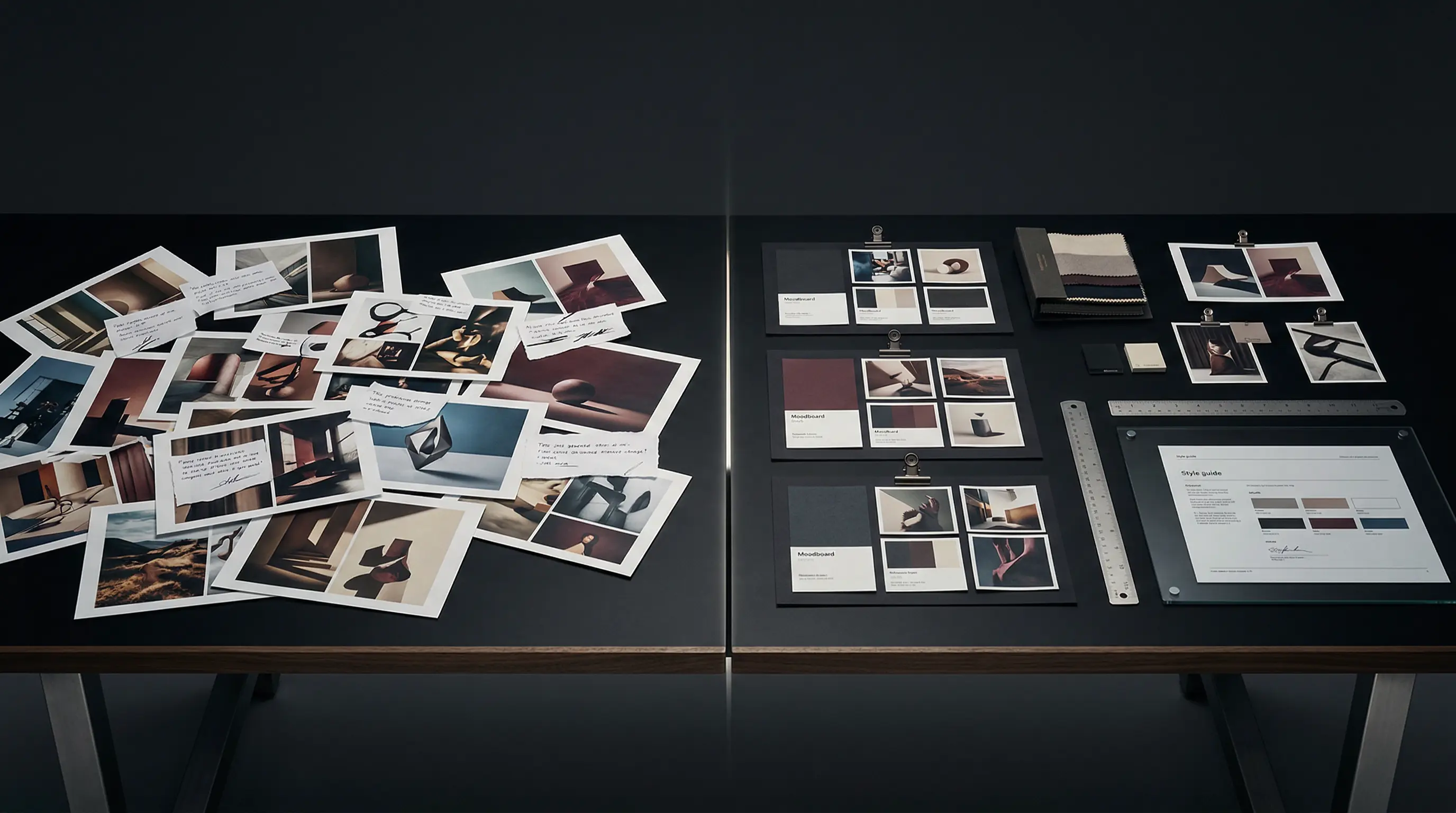 A dark editorial branding worktable split between chaotic AI image drift on one side and a tightly organized brand system on the other.